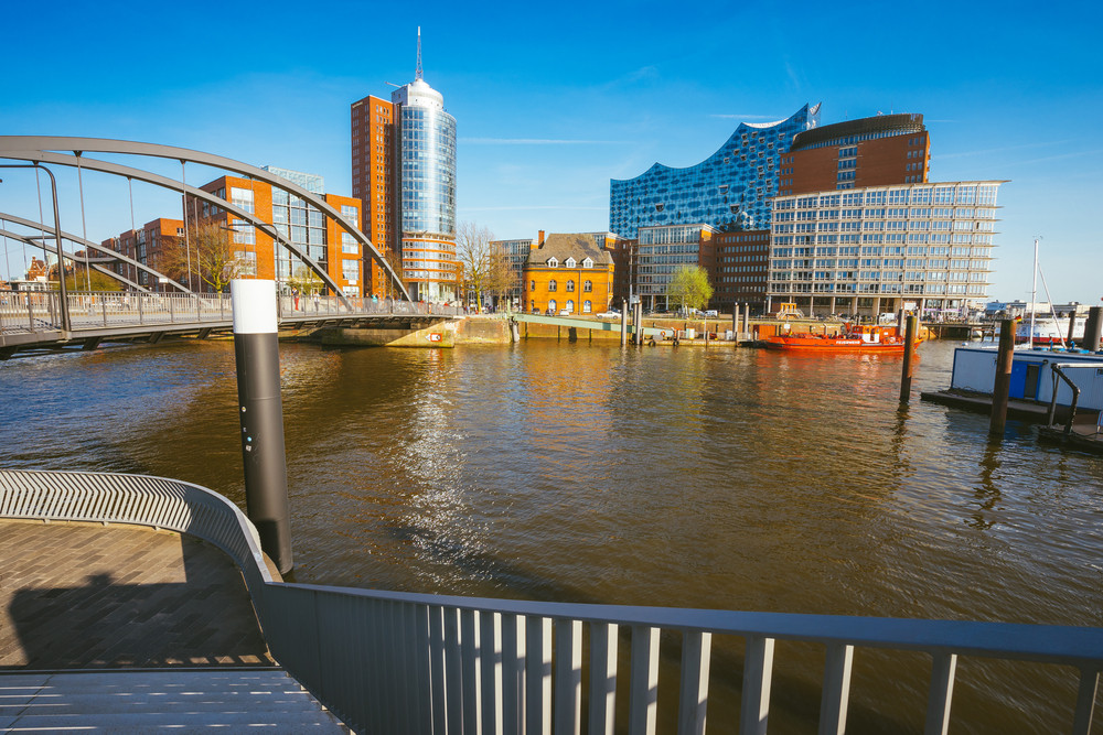 Hamburg, Germany - May 17, 2018: Niederbaumbrucke Bridge in HafenCity, Hamburg, Germany