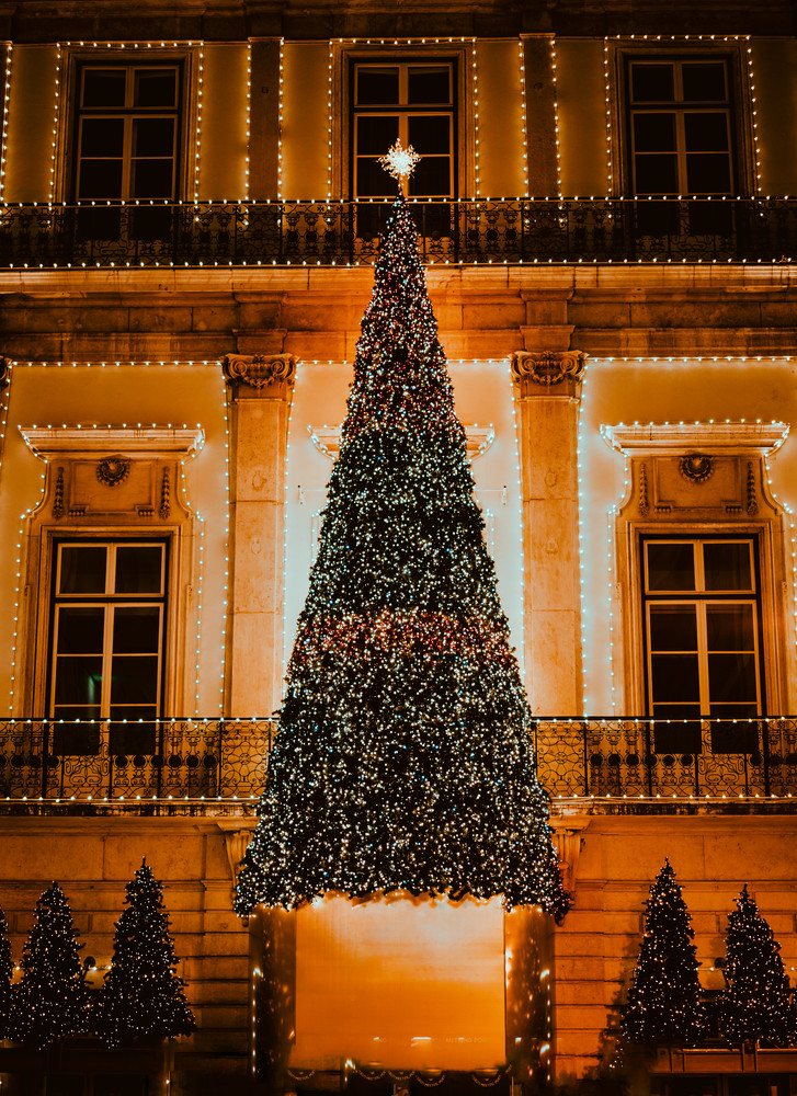 Illuminated Christmas tree against building in portuguese style , in Lisbon Portugal