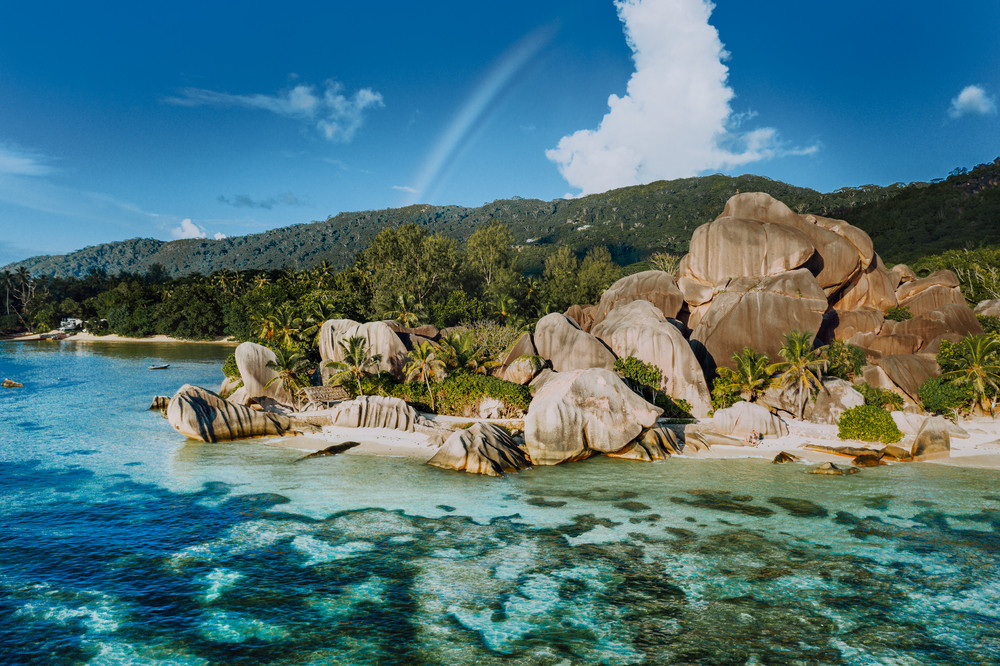 The most beautiful Anse Source D\'Argent tropical beach, La Digue Seychelles. Luxury exotic travel concept