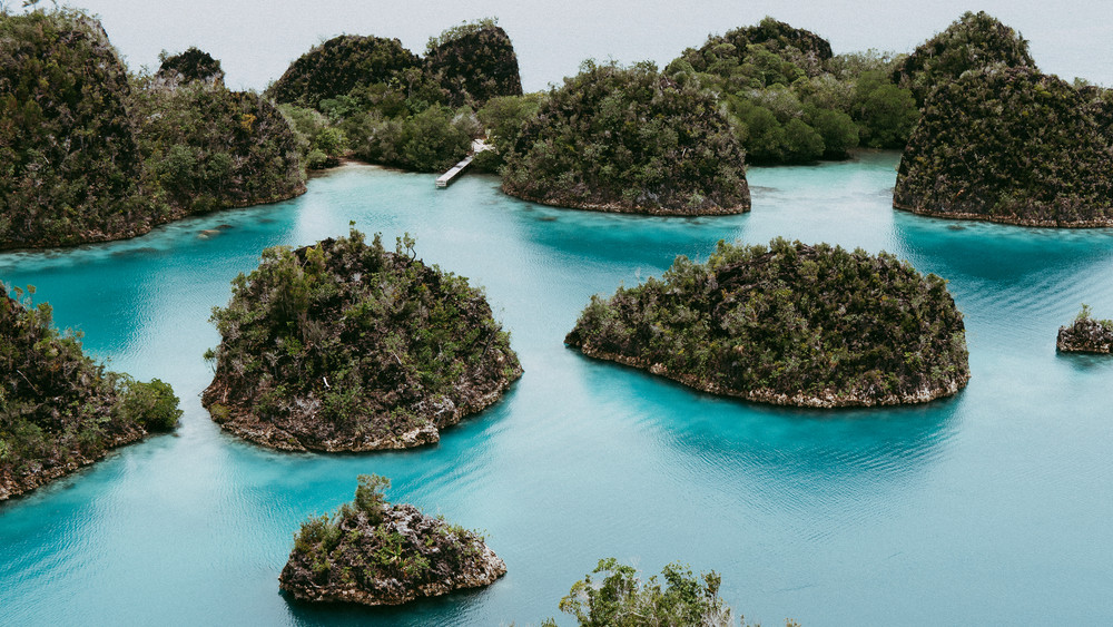 View from the top viewpoint of Pianemo island overgrown with jungle plants, surrounded by shallow blue ocean lagoon. Raja Ampat, West Papua, Indonesia