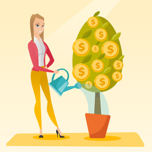 Caucasian Businesswoman Watering Money Tree Young Business Woman - caucasian businesswoman watering money tree young business woman investing money in business project illustration of investment money in business vector