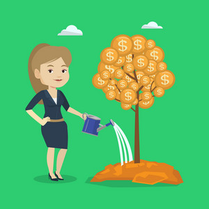 Caucasian Businesswoman Watering Money Tree Young Business Woman - caucasian businesswoman watering money tree young business woman investing money in business project illustration