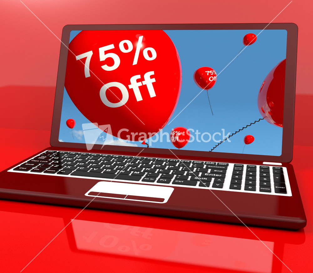 75% Off Balloons On Computer Showing Discount Of Seventy Five Percent
