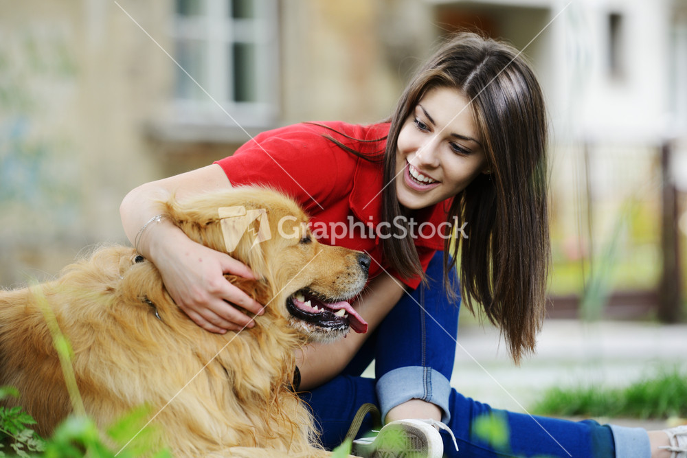 Young real people on the street with dog