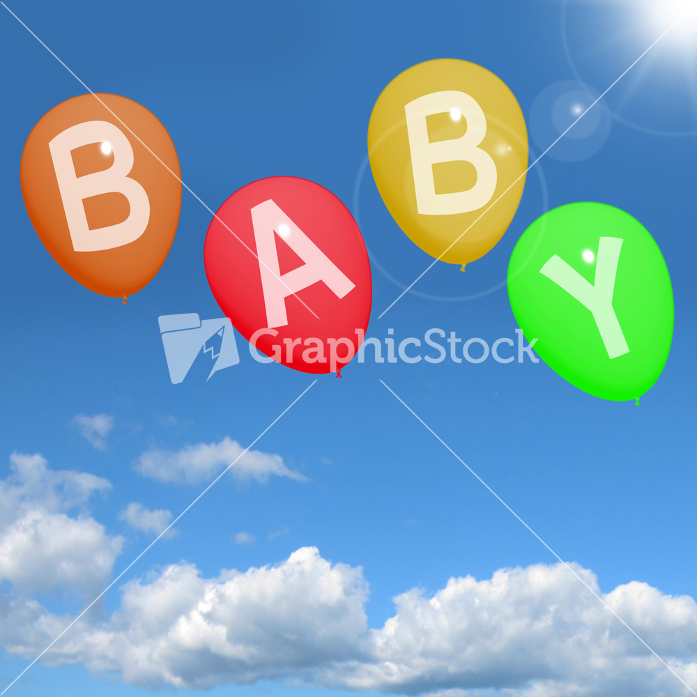 Baby Balloons In Sky Showing Newborn Parenting Or Motherhood