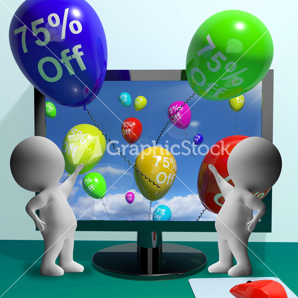 Balloons From Computer Showing Sale Discount Of Seventy Five Percent