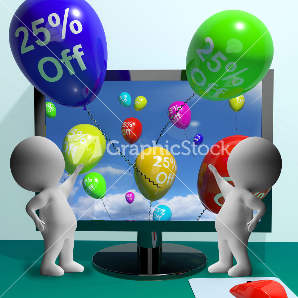 Balloons From Computer Showing Sale Discount Of Twenty Five Percent