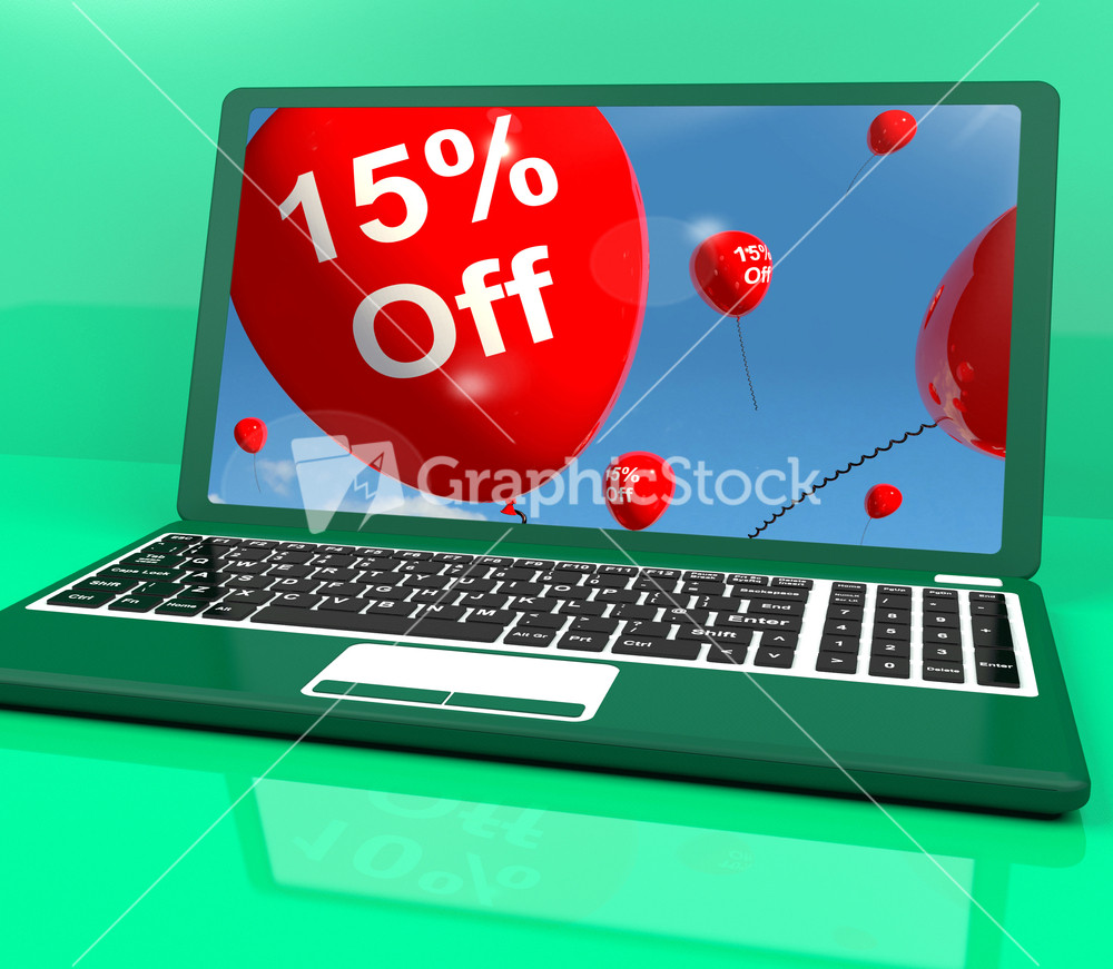 Balloons On Computer Showing Sale Discount Of Fifteen Percent Online