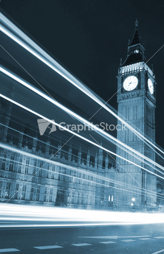 Big Ben With Traffic Light Beams - Blue Toned