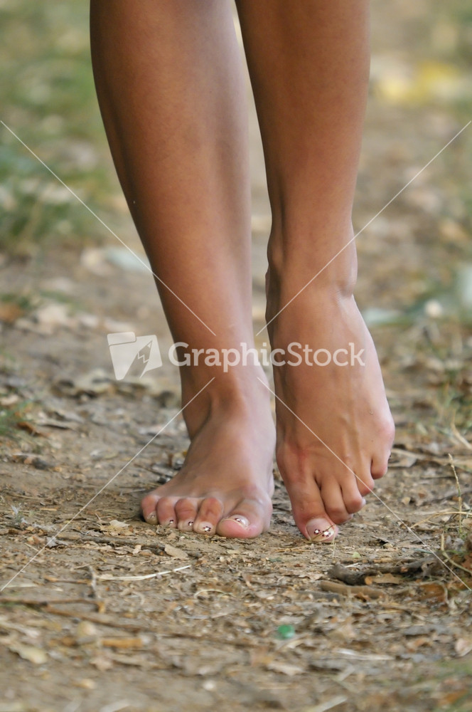 Bare foot woman walk outdoor