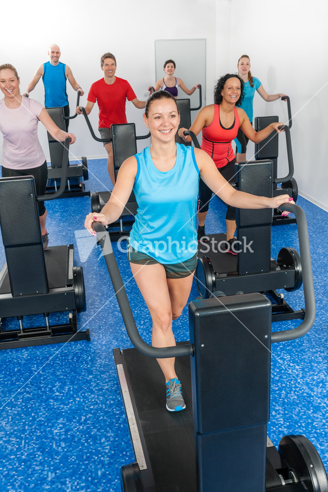 Group gym class walk treadmill running belt at fitness club