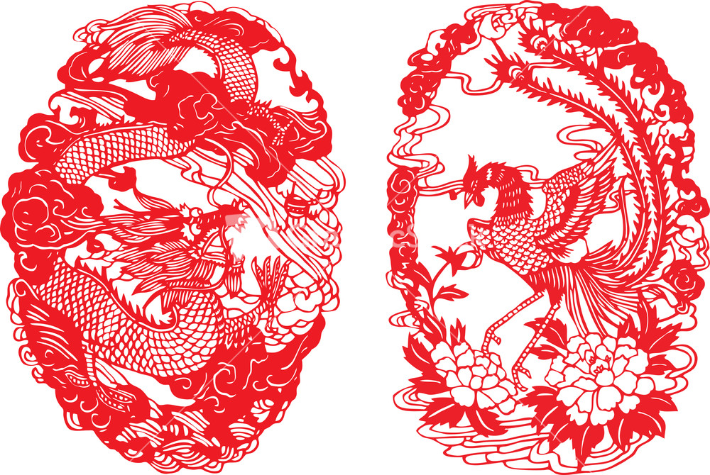 Chinese Paper Cutting - Dragon & Phoenix Stock Image