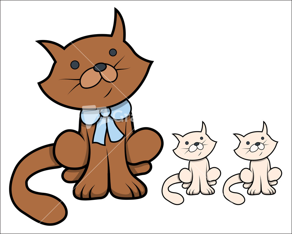 Cute Cartoon Cat With Kittens - Vector Cartoon Illustration