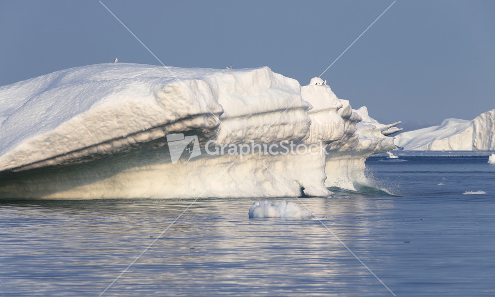 Birds perched on a sunlit iceberg