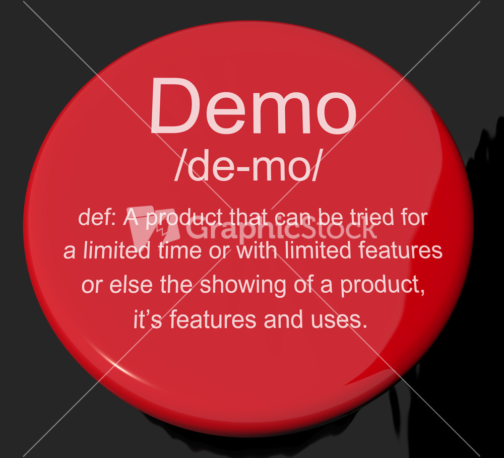 Demo Definition Button Showing Demonstration Of Software Application Or Product