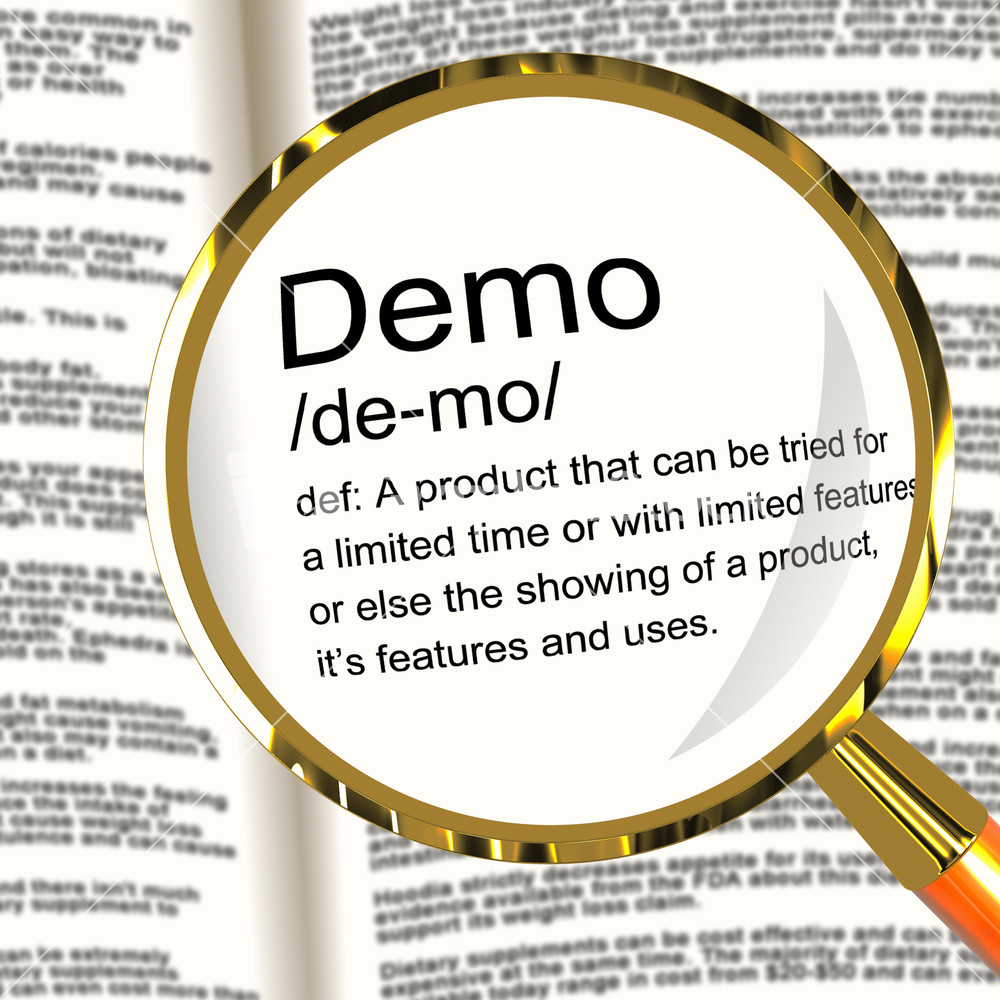 Demo Definition Magnifier Showing Demonstration Of Software Application Or Product