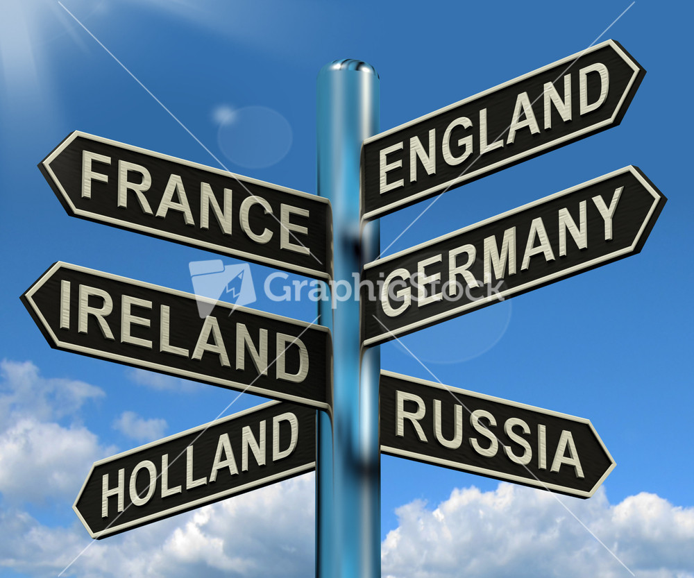 England France Germany Ireland Signpost Showing Europe Travel Tourism And Destinations