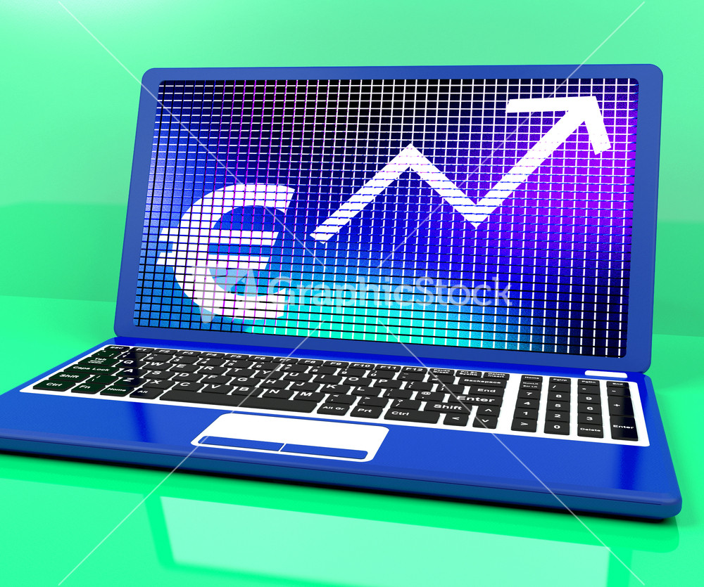 Euro Sign And Up Arrow On Laptop For Earnings Or Profit