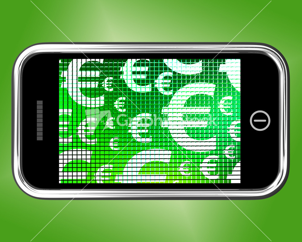 Euro Symbols On Mobile Screen Showing Money And Investment
