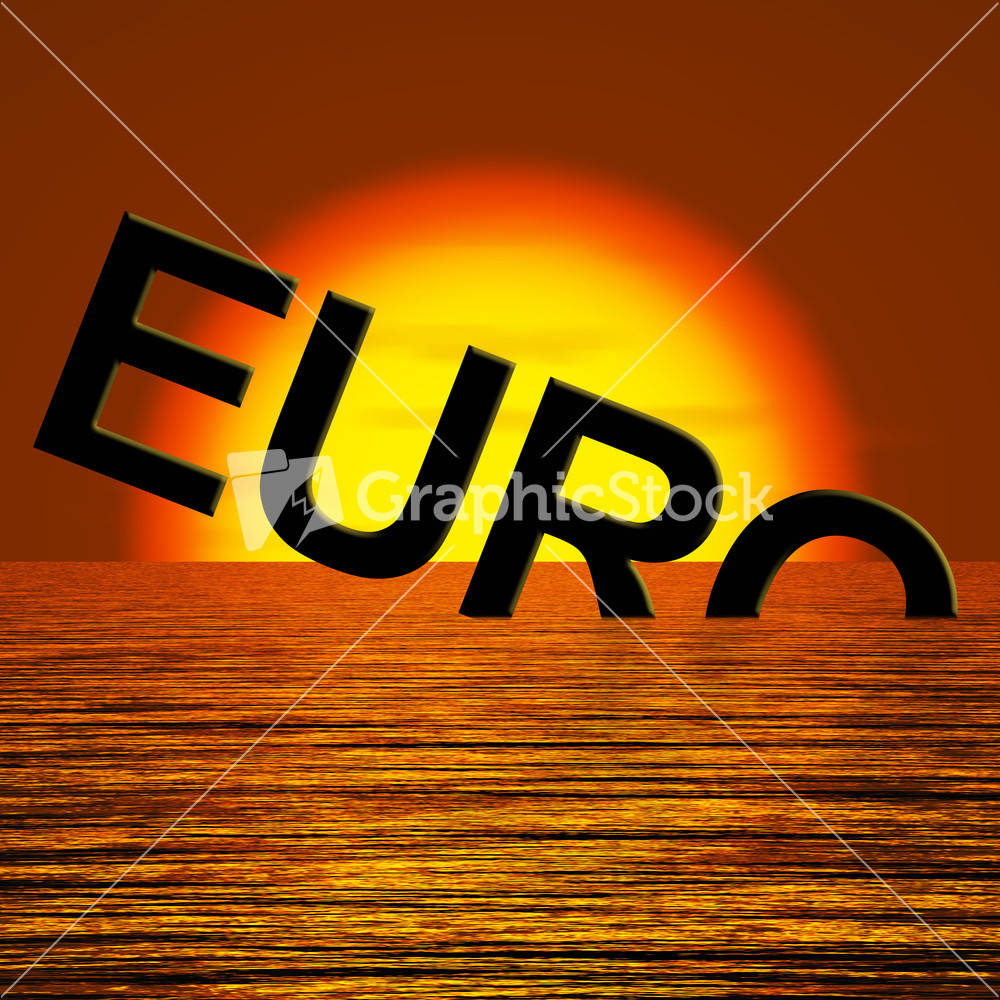 Euro Word Sinking And Sunset Showing Depression Recession And Economic Downturn