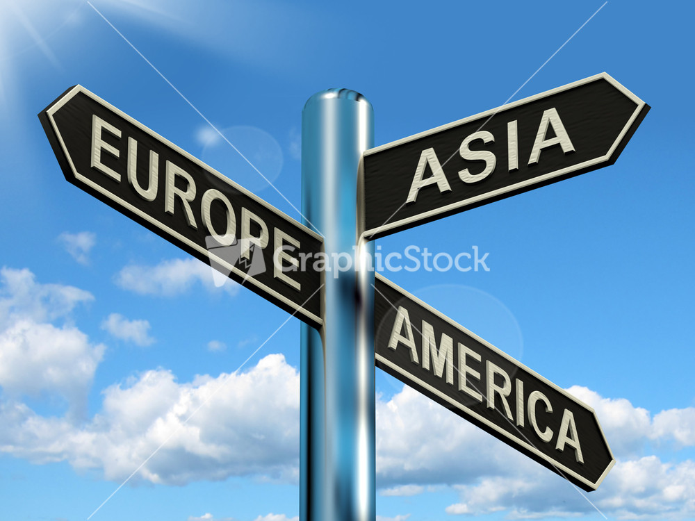 Europe Asia America Signpost Showing Continents For Travel Or Tourism