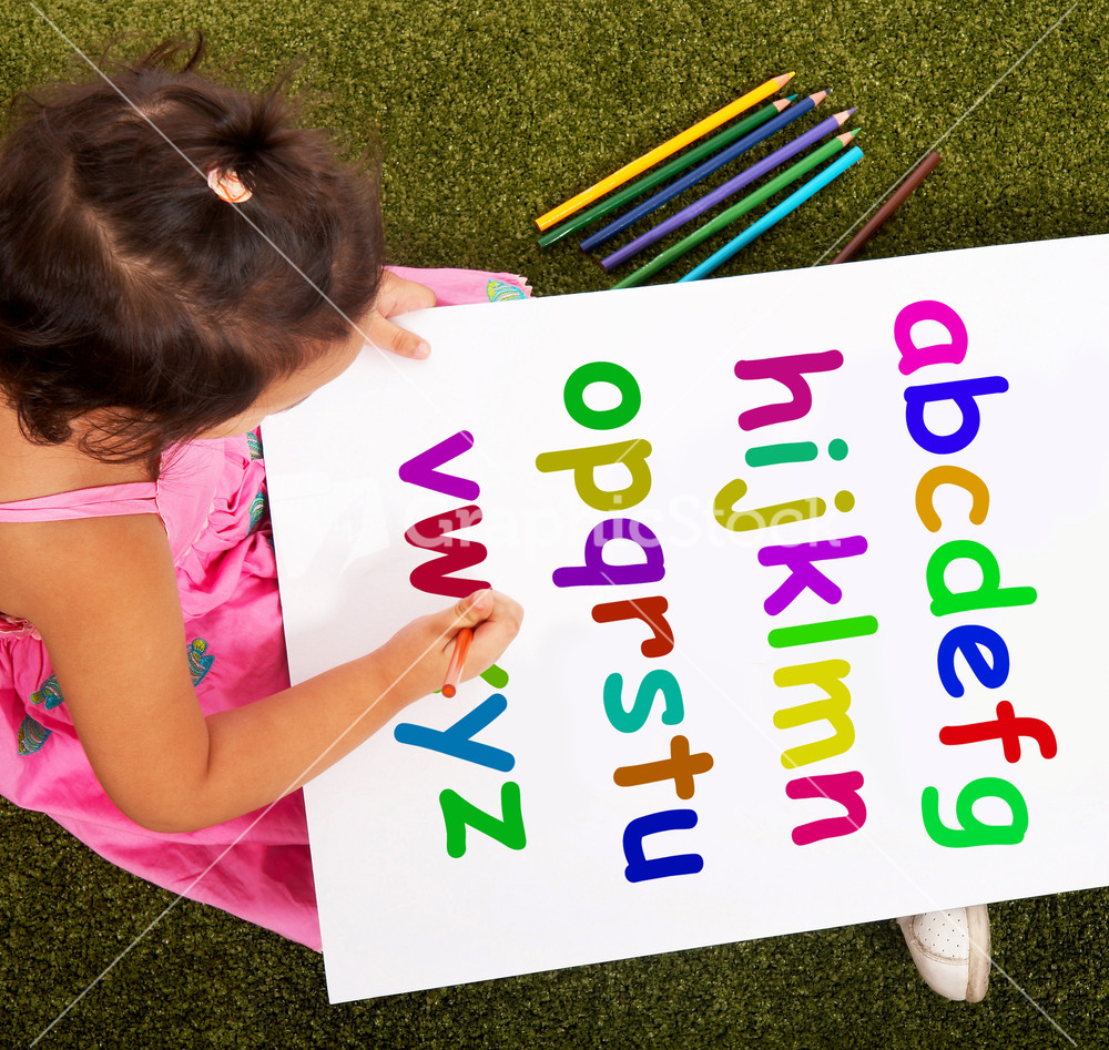 Girl Writing Alphabet Shows Kid Learning