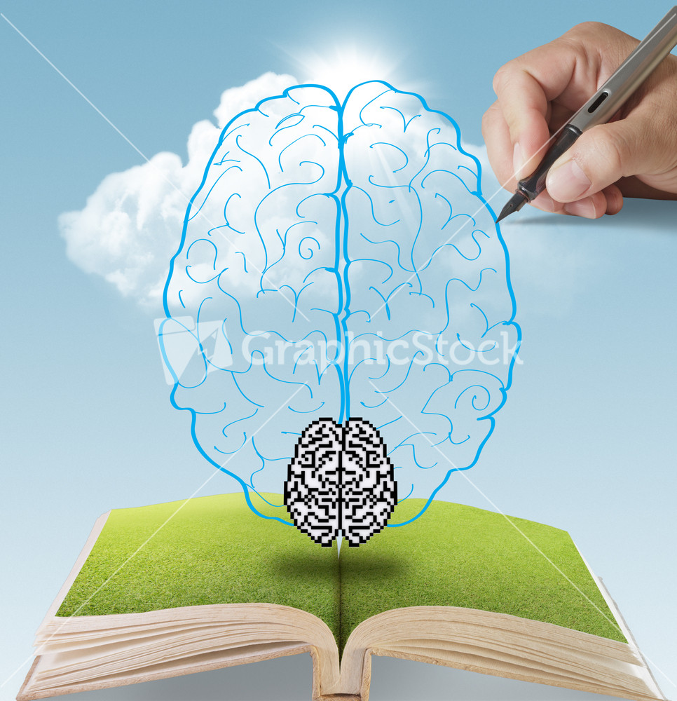 Hand Drawn Brain Growing From Book