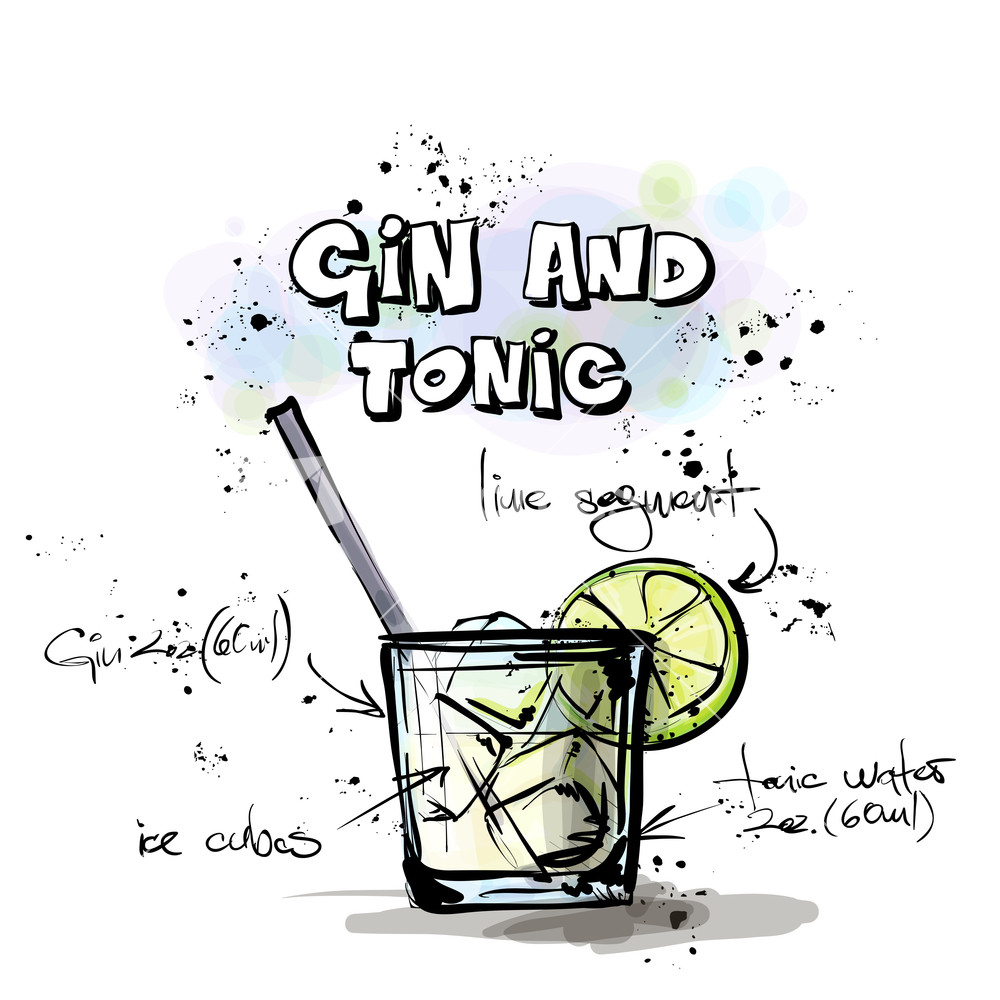 Hand Drawn Illustration Of Cocktail. Gin & Tonic. Vector Collection