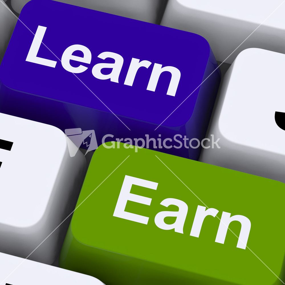 Learn And Earn Computer Keys Showing Working Or Studying