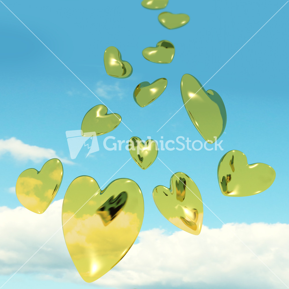 Metallic Gold Hearts Falling From The Sky Showing Love And Romance