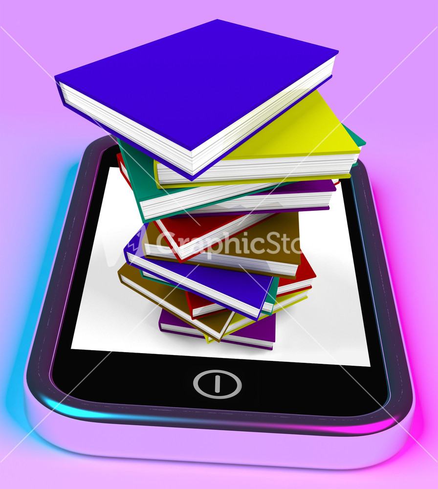 Mobile Phone With Books Stack Shows Online Knowledge