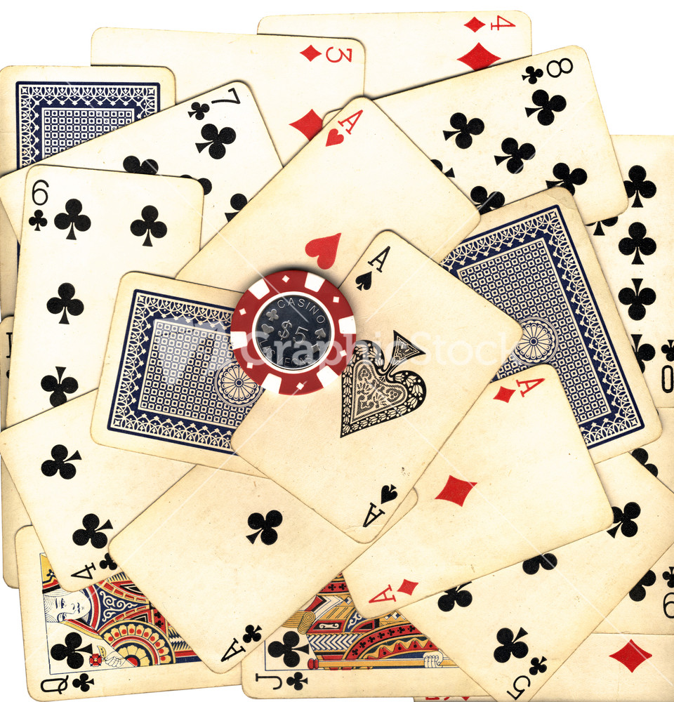 Old Vintage Cards And Gambling Chip (with Clipping Path)