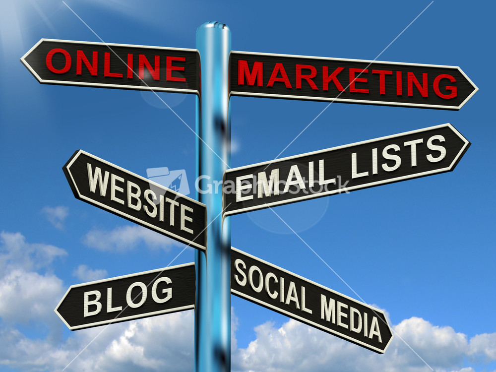 Online Marketing Signpost Showing Blogs Websites Social Media And Email Lists