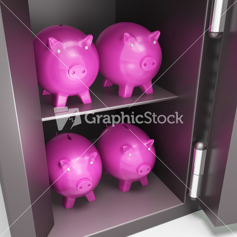 Open Safe With Piggy Showing Safe Savings
