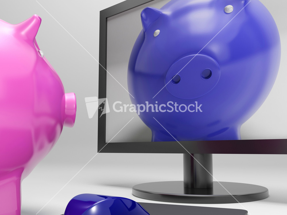 Piggy On Screen Shows Online Bank Savings