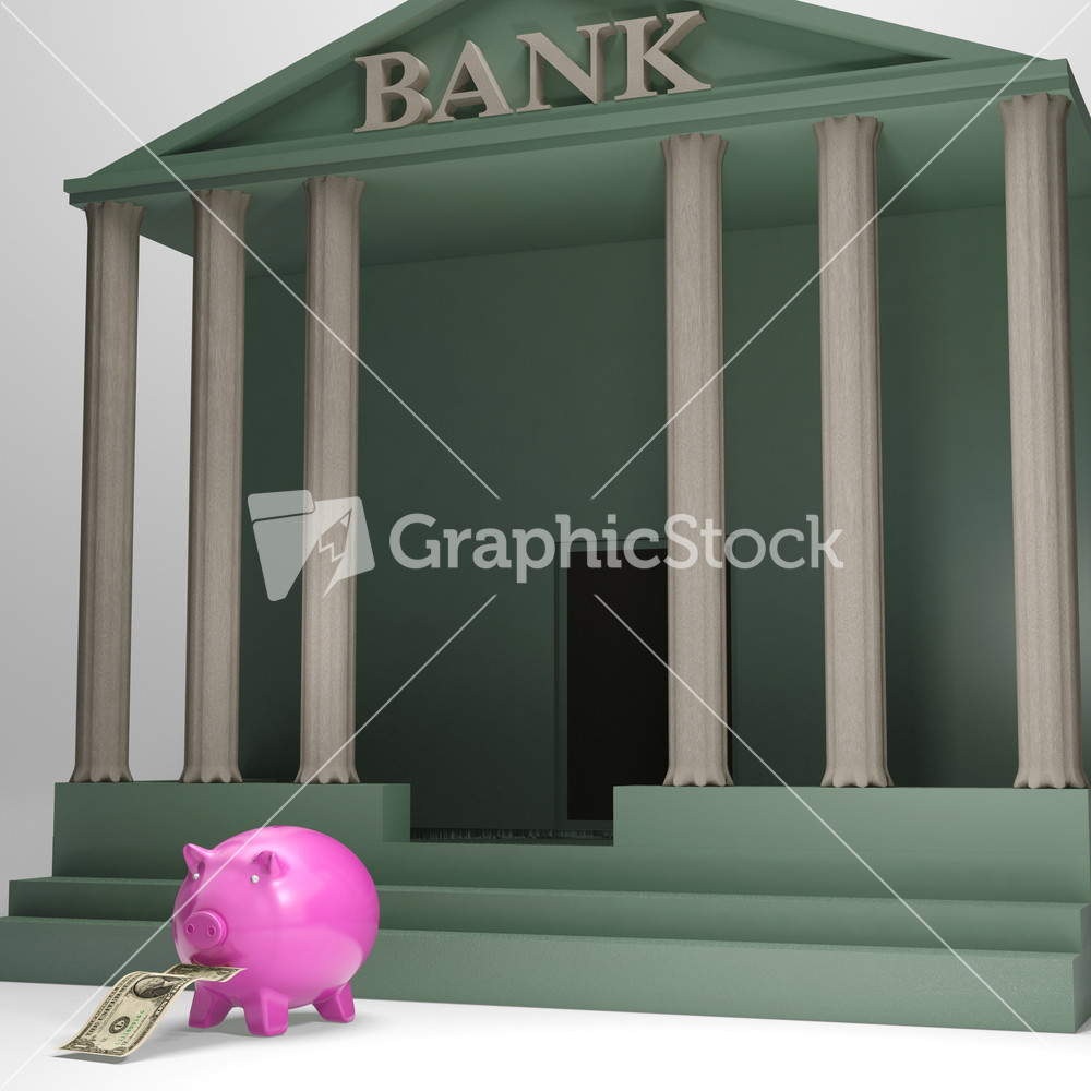 Piggybank Leaving Bank Showing International Currencies