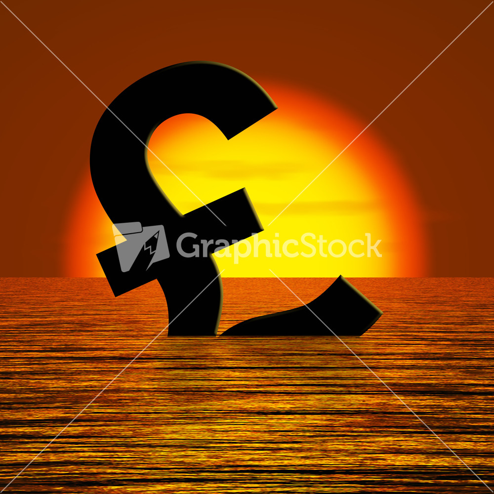 Pound Symbol Sinking And Sunset Showing Depression Recession And Economic Downturn
