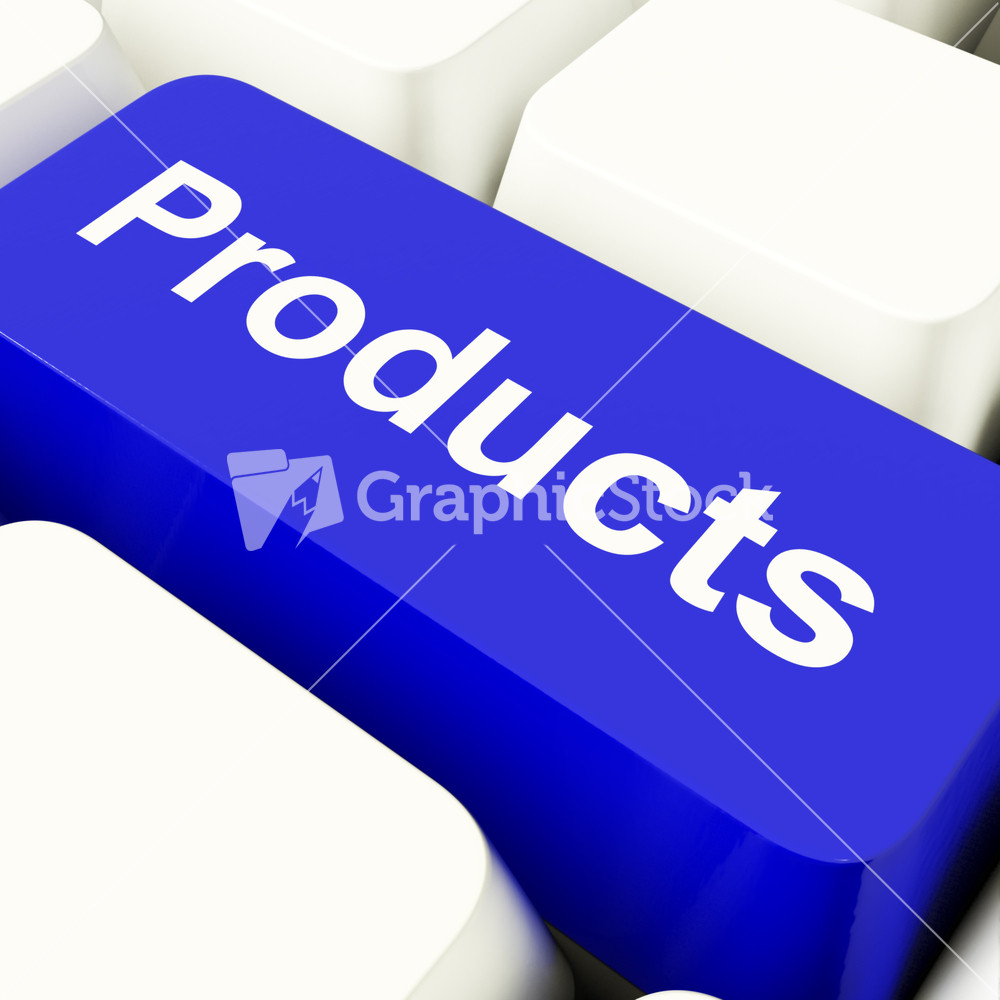 Products Computer Key In Blue Showing Internet Shopping Goods