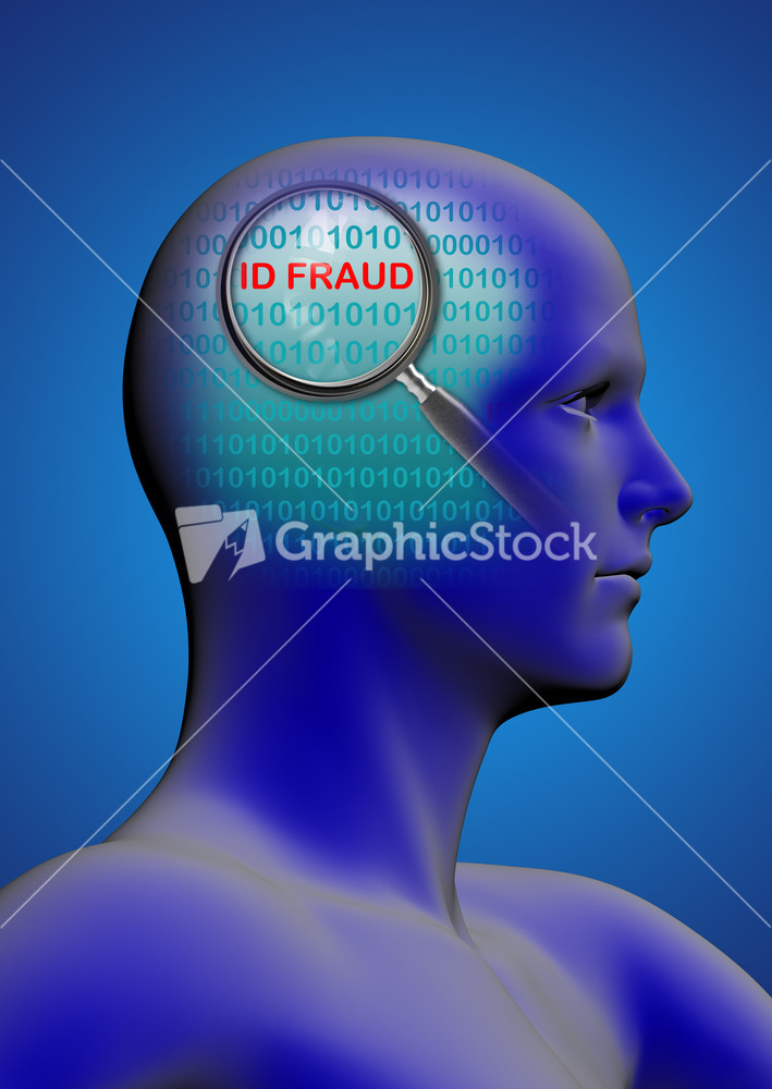 Profile Of A Man With Close Up Of Magnifying Glass On Id Fraud