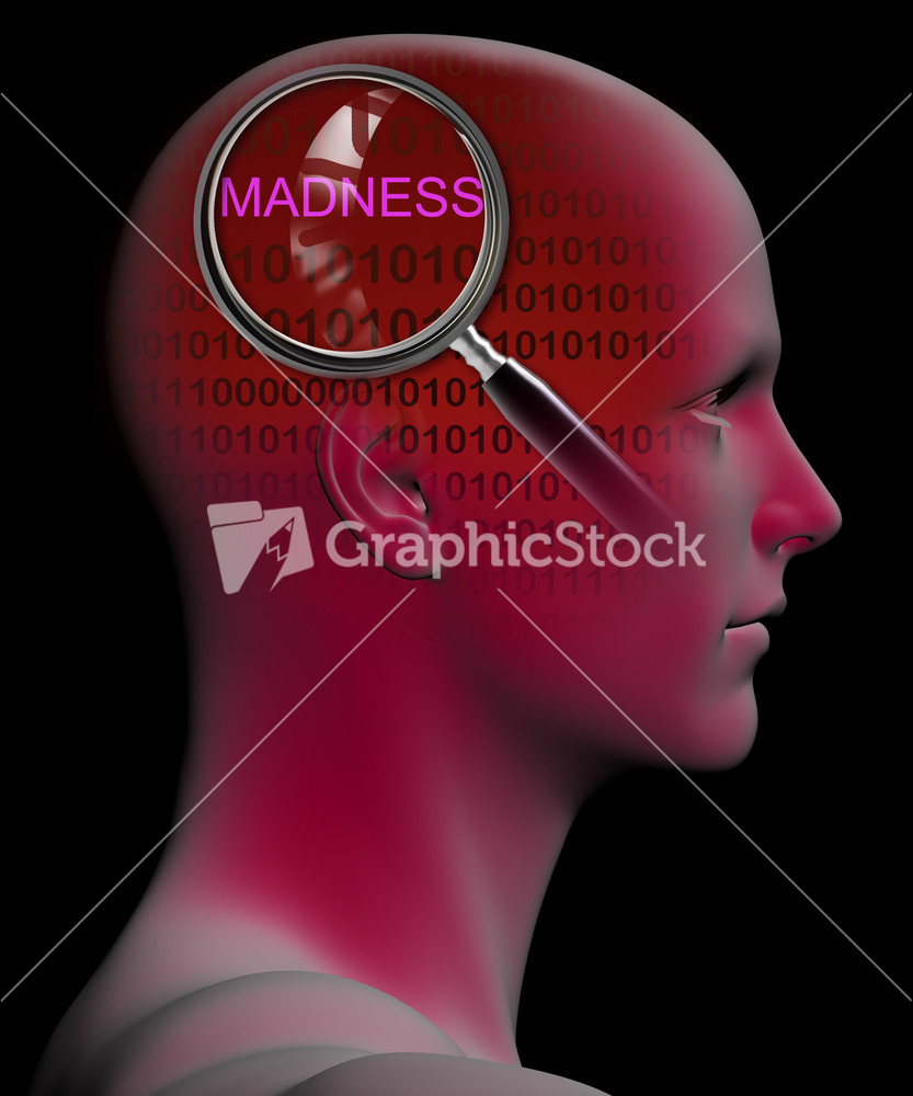 Profile Of A Man With Close Up Of Magnifying Glass On Madness