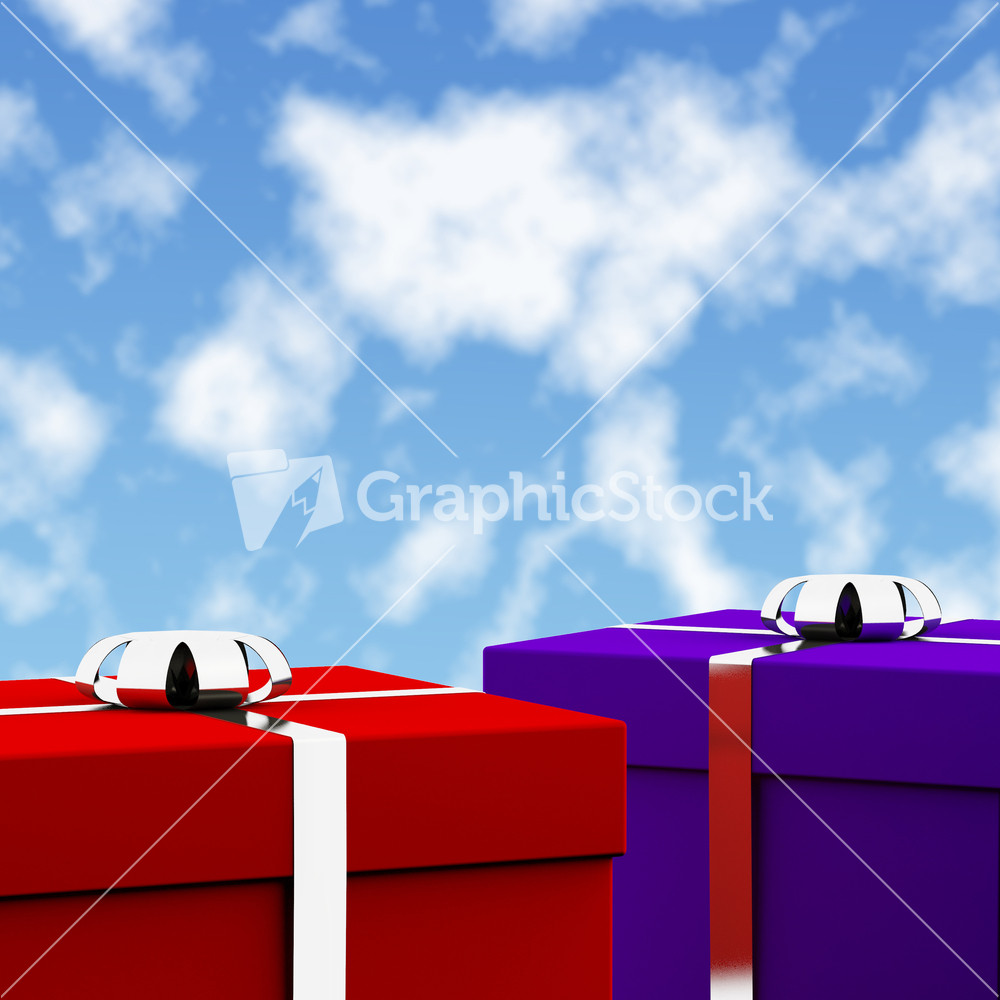 Red And Blue Gift Boxes With Sky Background As Presents For Him And Her