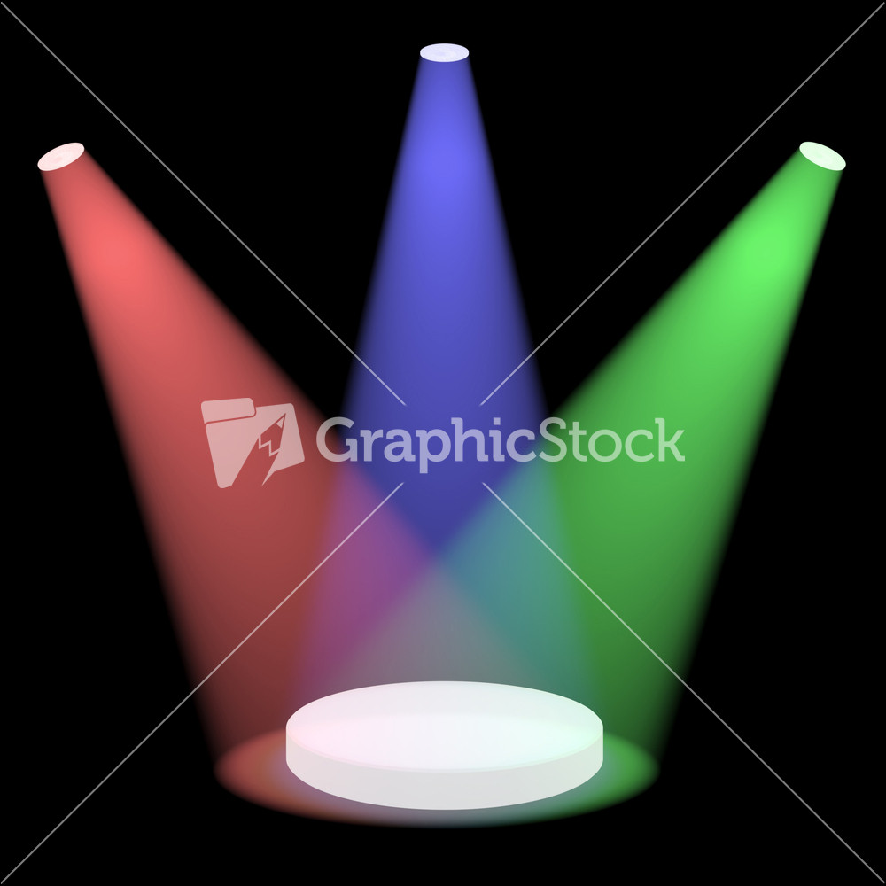 Red Blue And Green Spotlights Shining On A Small Stage With Black Background