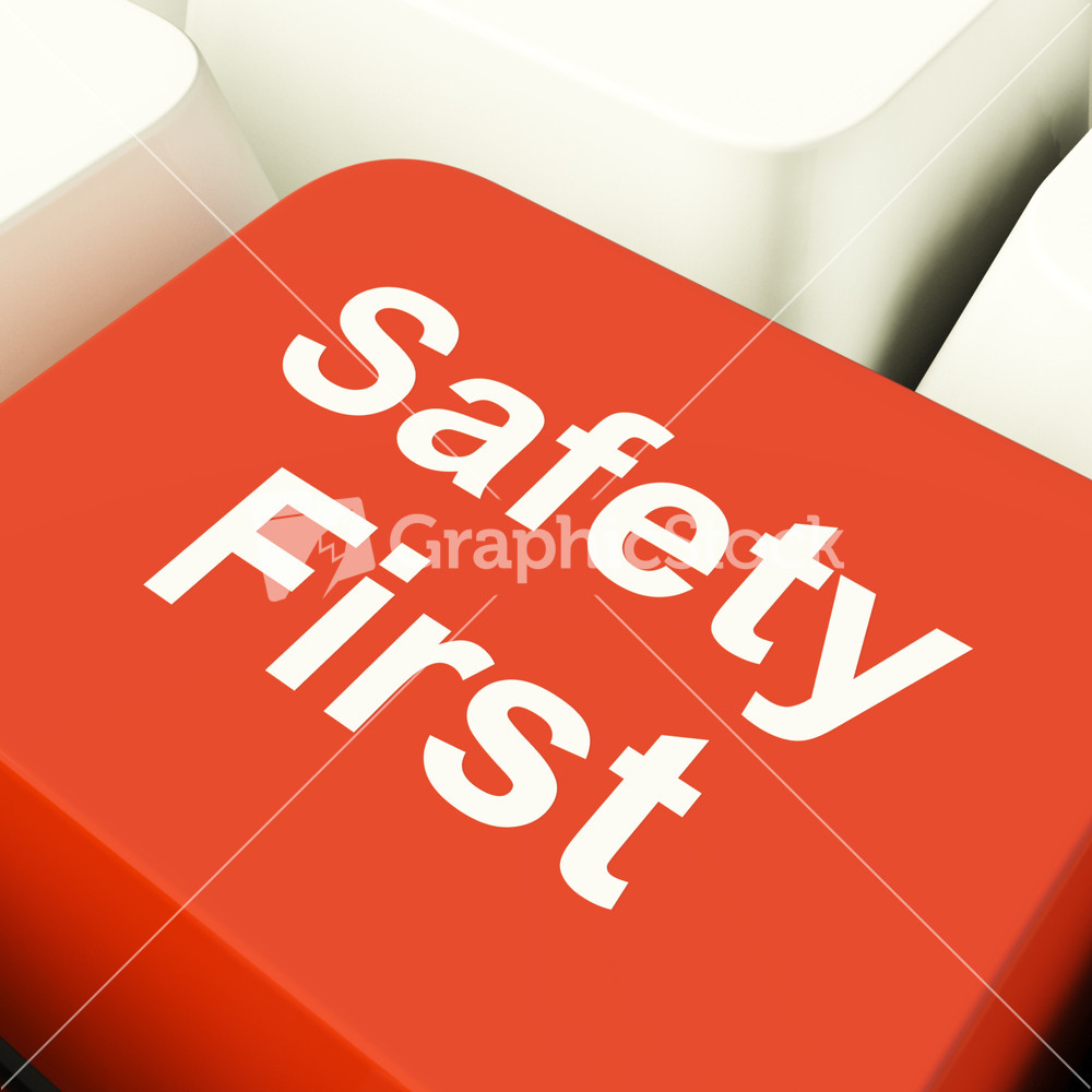 Safety First Computer Key Showing Caution Protection And Hazards