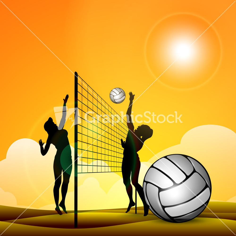 Silhouette Of Volley Ball Girls Player Playing Volleyball Ans Volleyball Icon With Ribbon On Abstract Background.