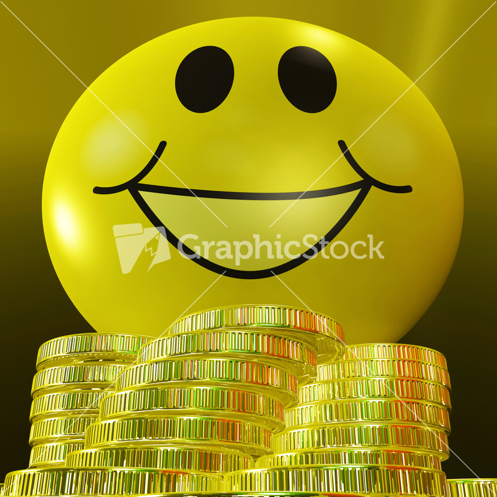 Smiley Face With Coins Showing Monetary Happiness