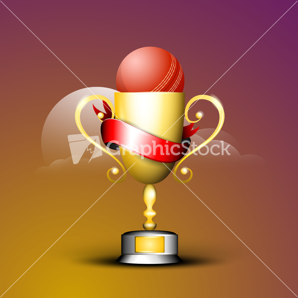 Sports Concept With Cricket Winning Golden Trophy And Ball On Night Background.