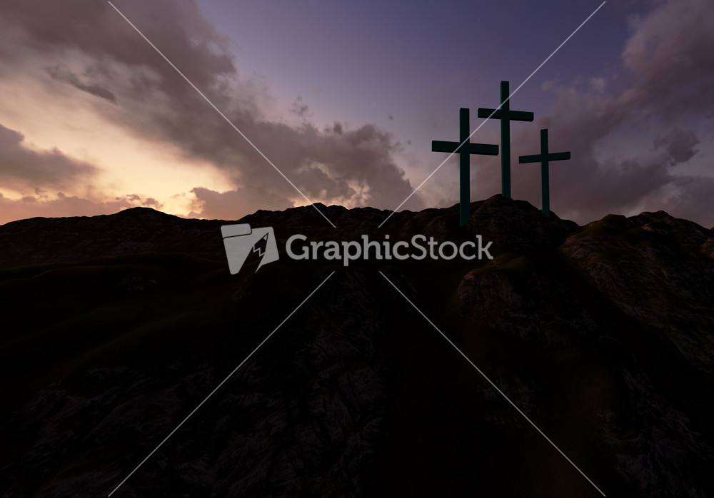 Three Crosses At Sunset