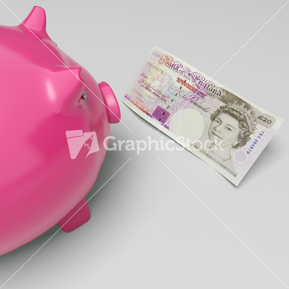 Twenty Pound Note Piggy Shows Uk Money