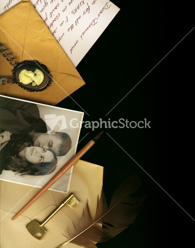 Vintage Border With Old Photographs And Feather On Black Background Isolated