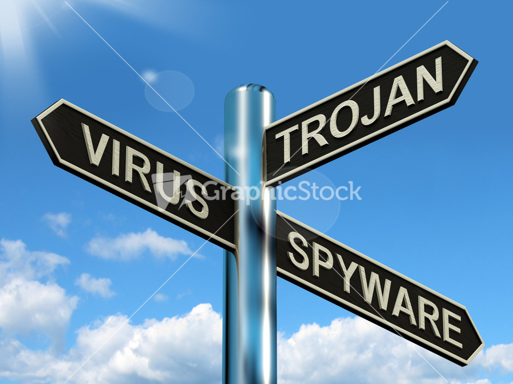 Virus Trojan Spyware Signpost Showing Internet Or Computer Threats